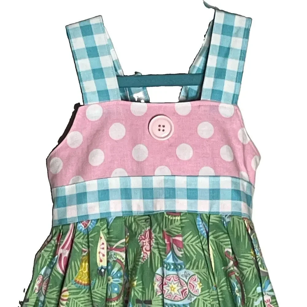 Handmade Girls Dress Jumper Sz 3-4 Pink Polka Dot Bodice Christmas Theme Skirt